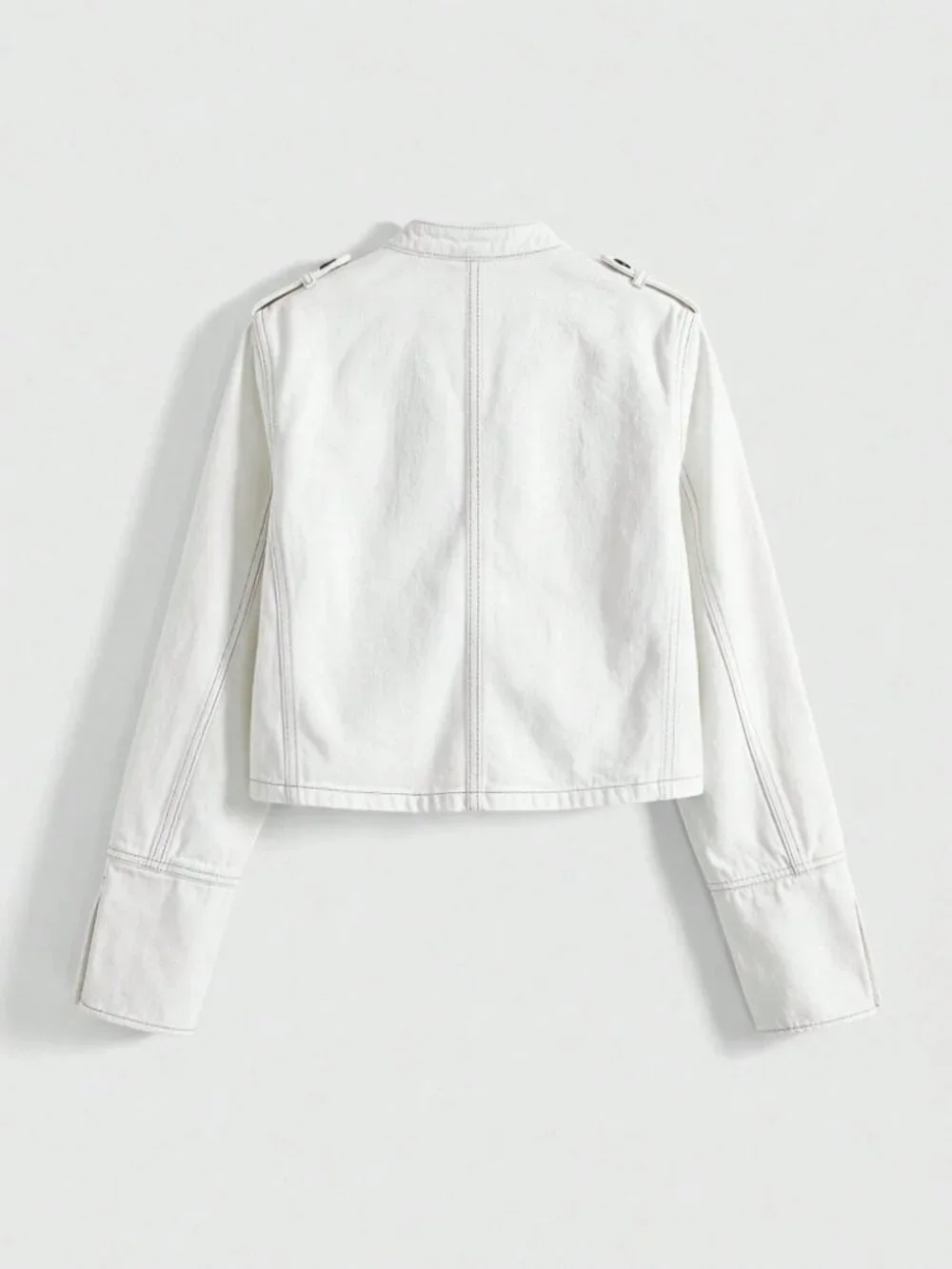 White Denim Military Jacket with Button Epaulette Trim